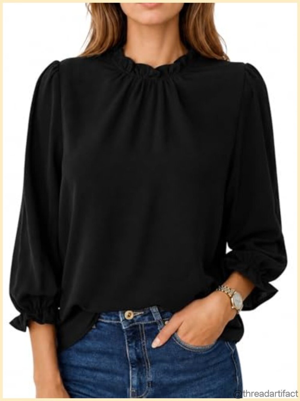 Womens Leopard Blouse Ruffle Mock Neck 3/4 Sleeve Business Casual Top